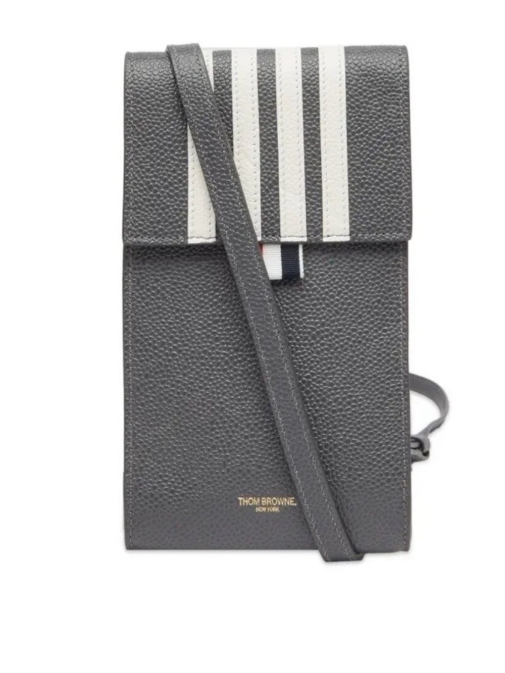 Thom Browne Gray Pebbled Leather Crossbody Pouch with White Stripe Detail